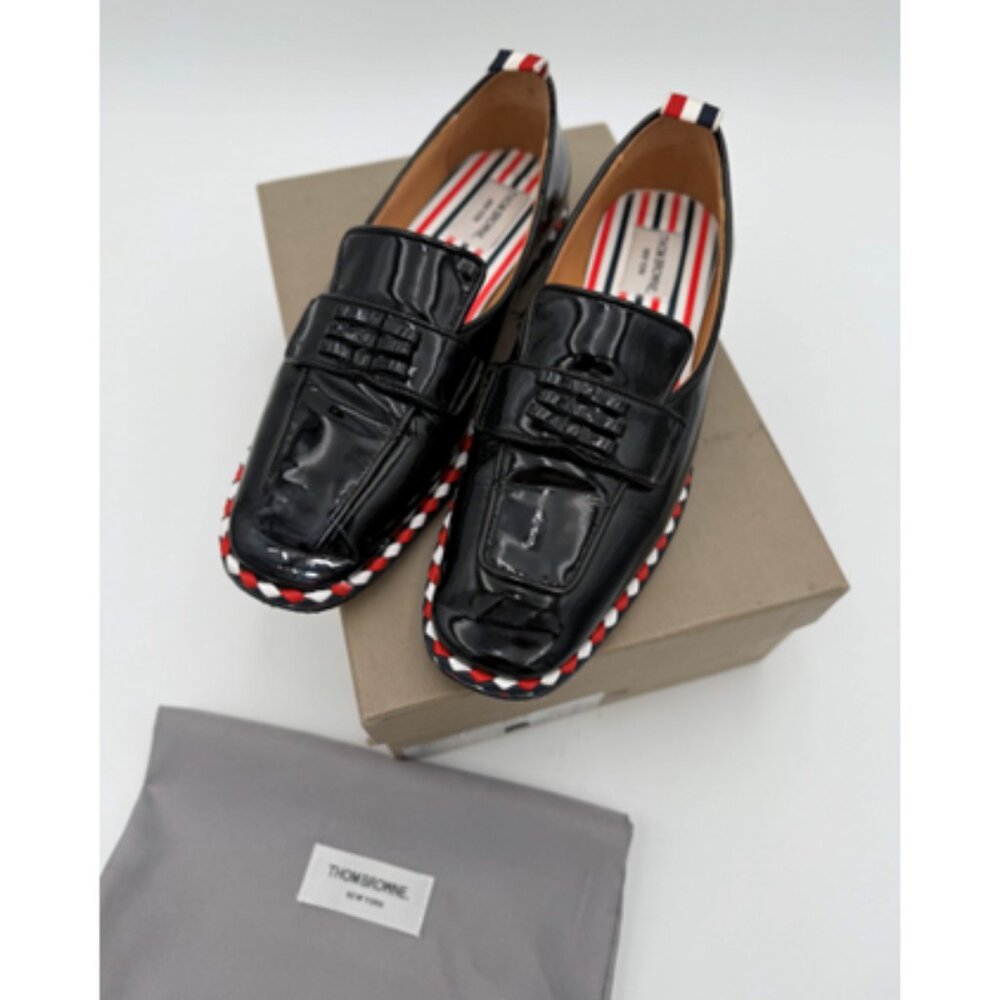 Thom Browne Black Patent Leather Loafers with Red White and Blue Trim - Picture 9 of 9